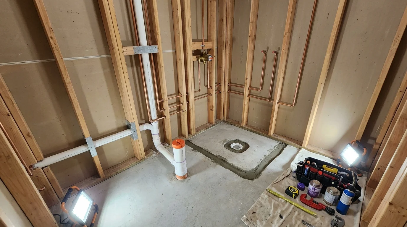 Bathroom rough-in plumbing during remodel by Johns Plumbing LLC in Cadiz