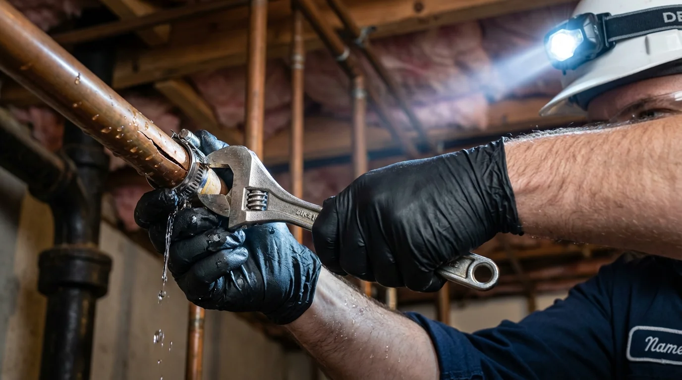 Emergency pipe clamp repair being performed by a Johns Plumbing LLC plumber in Cadiz