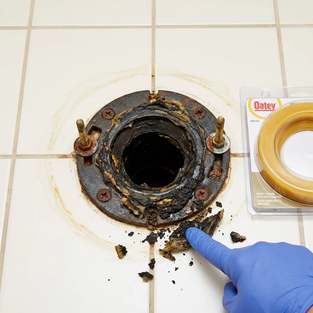 Failed wax ring showing water seepage at the base of a toilet in a Cadiz, KY home