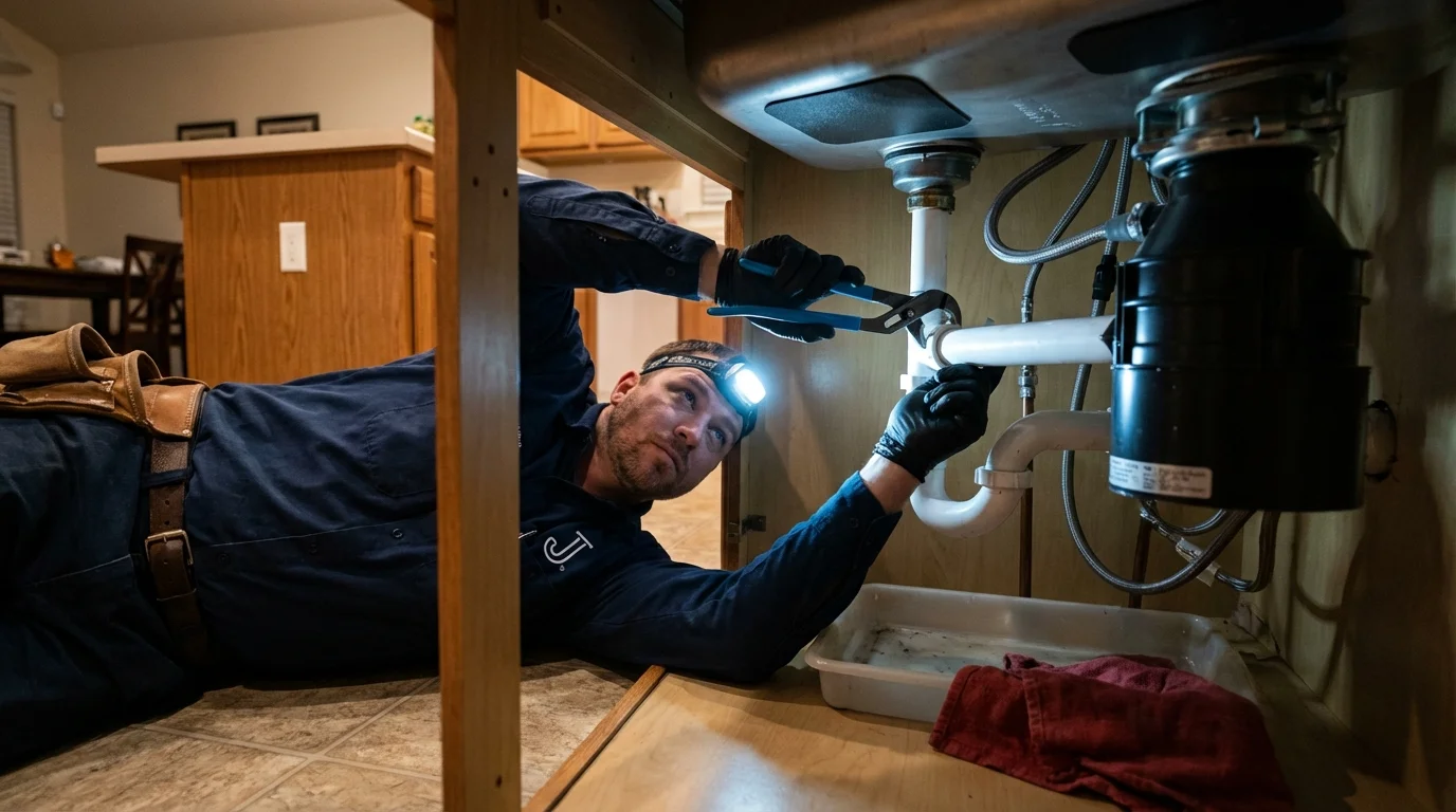 P-trap and supply line connections under a kitchen sink showing a common leak point in Cadiz, KY